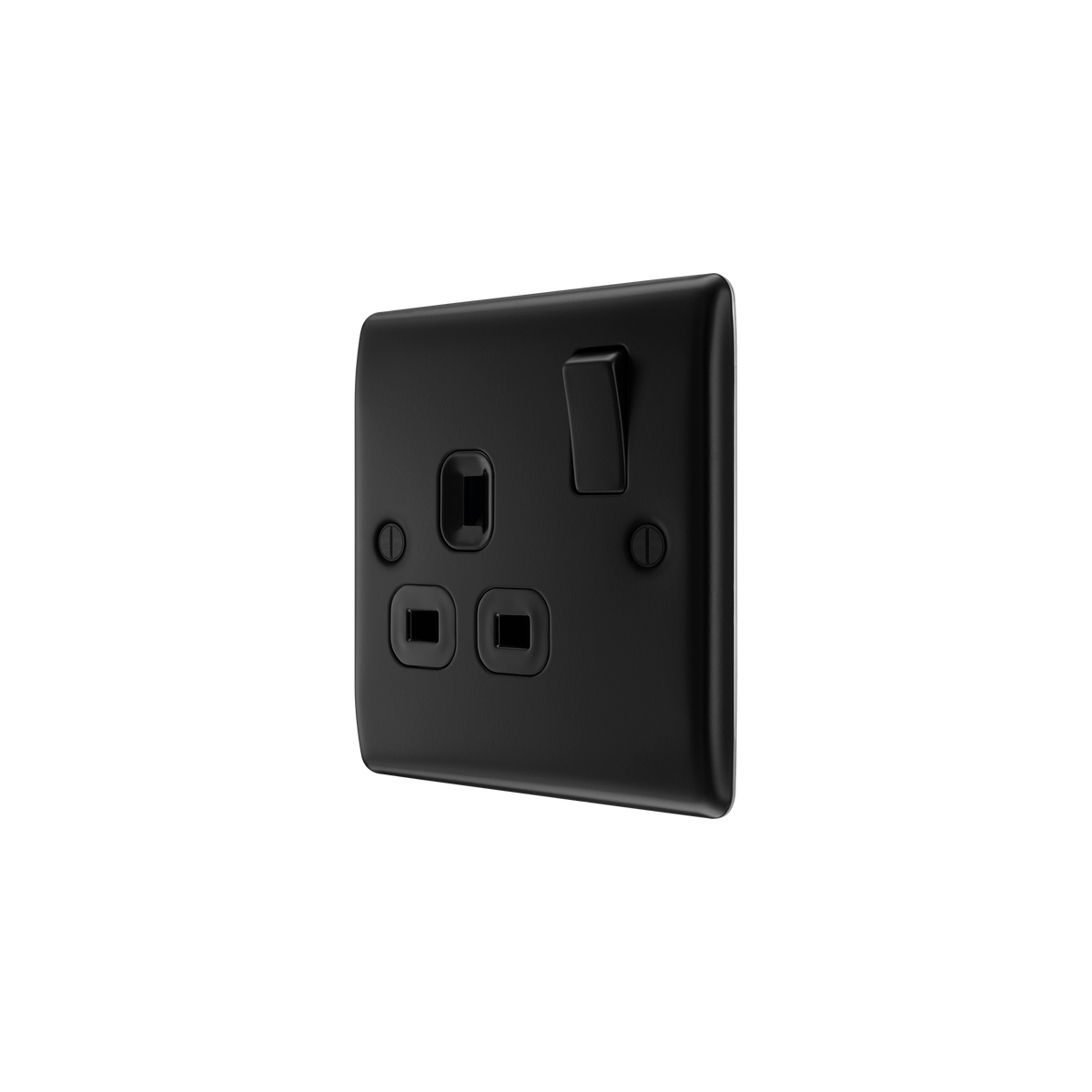 Matt Black Single Switched Socket 13A – Black Insert – BG NFB21B-01 angled view