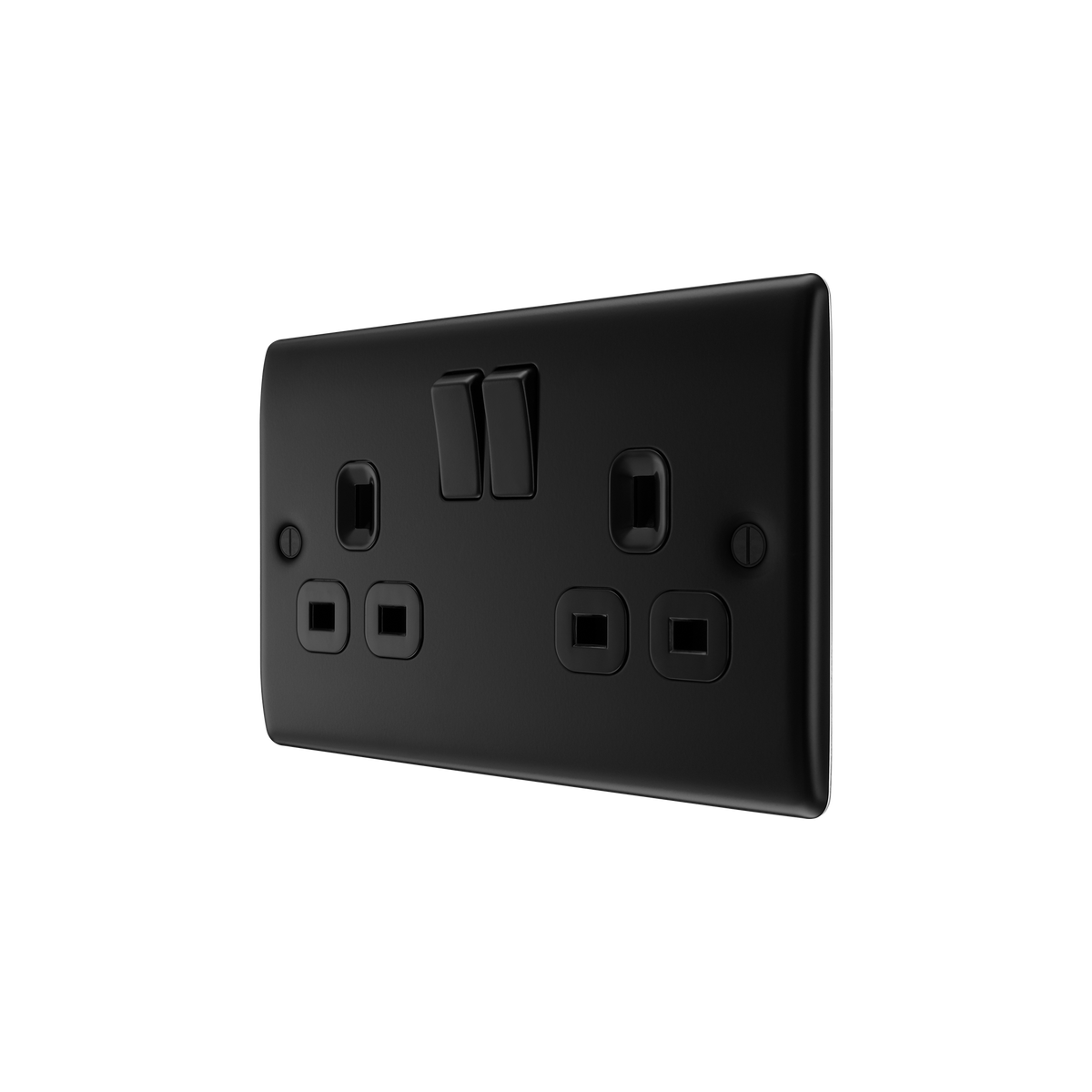 Matt Black Double Switched Socket 13A Double Pole – Black Inserts – BG NFB22B-01 angled view