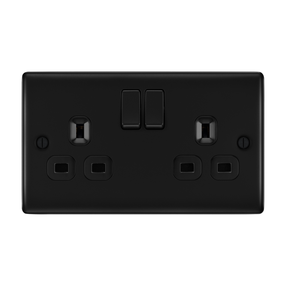 Matt Black Double Switched Socket 13A Double Pole – Black Inserts – BG NFB22B-01 front view