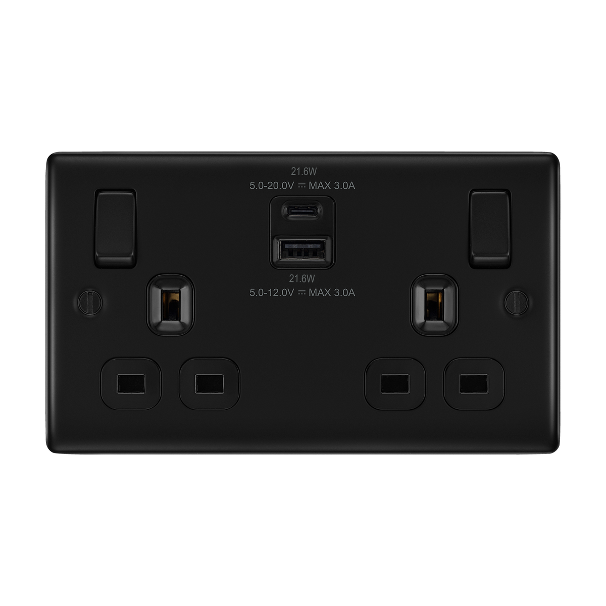 Matt Black Double Switched Socket 13A with USB-A & USB-C 22W – Black Inserts – BG NFB22UAC22B-01 front view