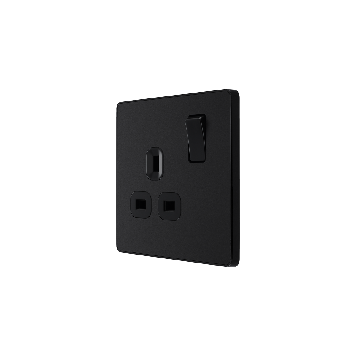 Matt Black Screwless Single Switched Socket 13A – Black Insert – BG PCDMB21B-01 angled view