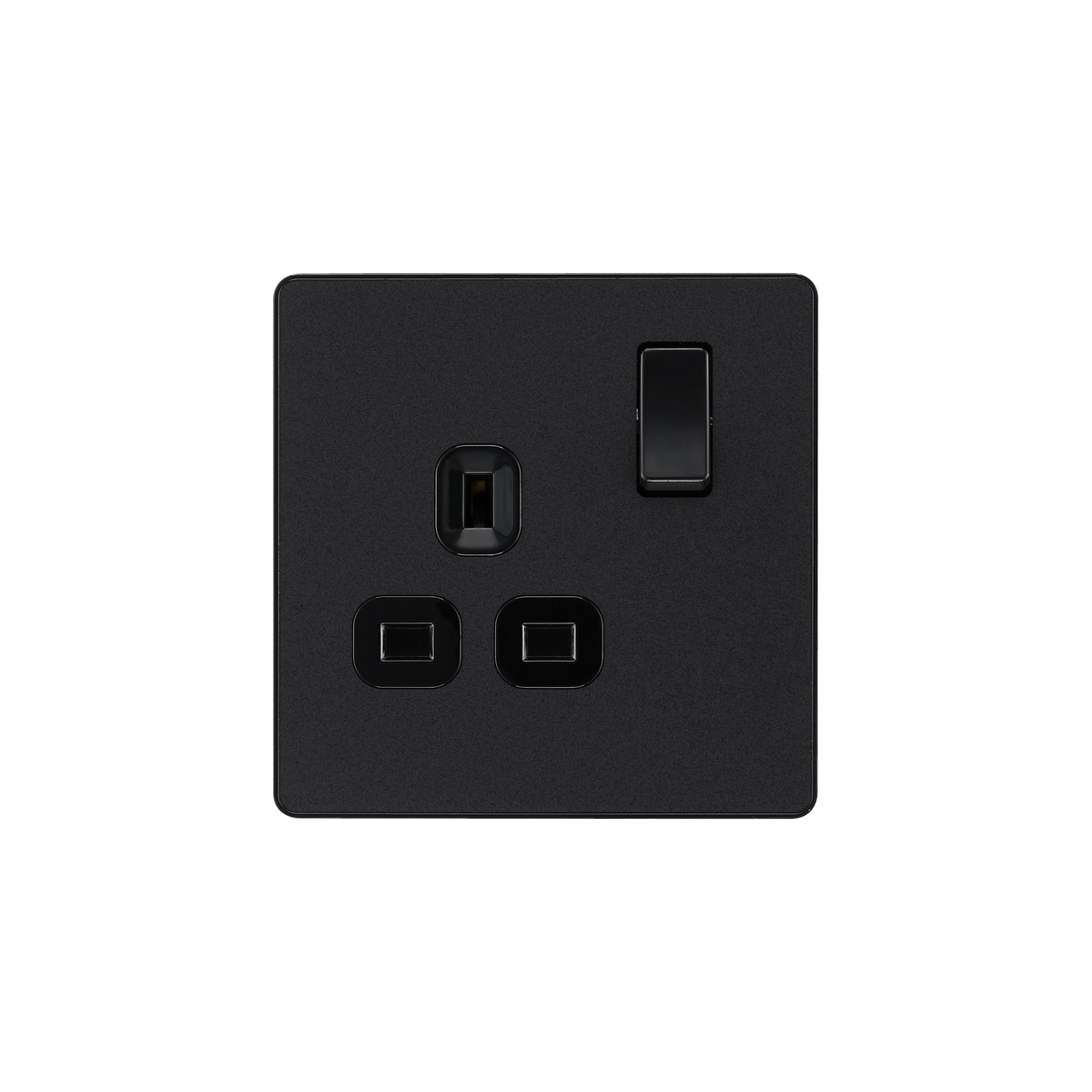 Matt Black Screwless Single Switched Socket 13A – Black Insert – BG PCDMB21B-01 front view