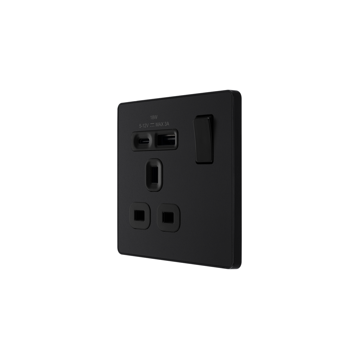 Matt Black Screwless Single Switched Socket 13A with USB-A & USB-C 18W – Black Insert – BG PCDMB21UAC18B-01 angled view