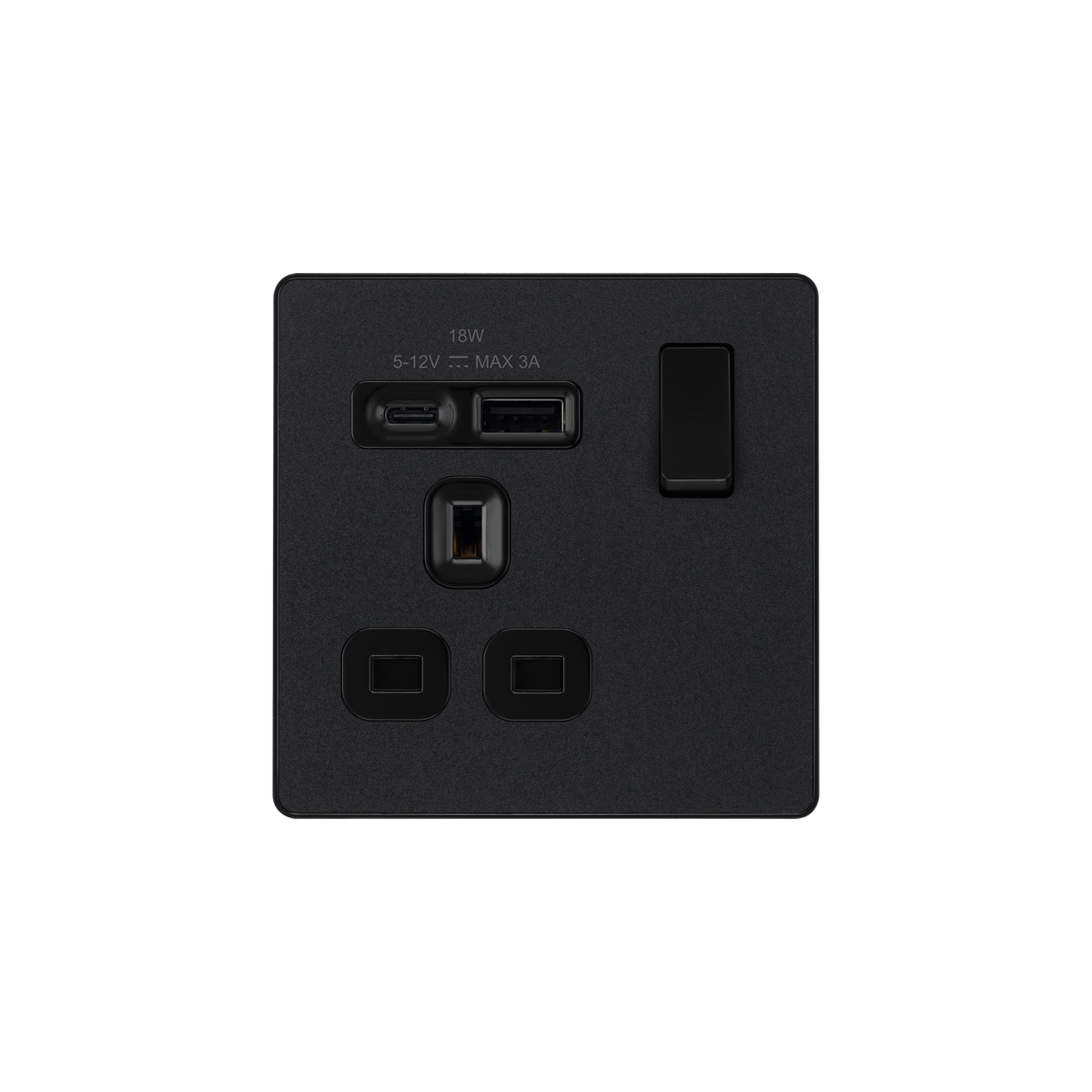 Matt Black Screwless Single Switched Socket 13A with USB-A & USB-C 18W – Black Insert – BG PCDMB21UAC18B-01 front view