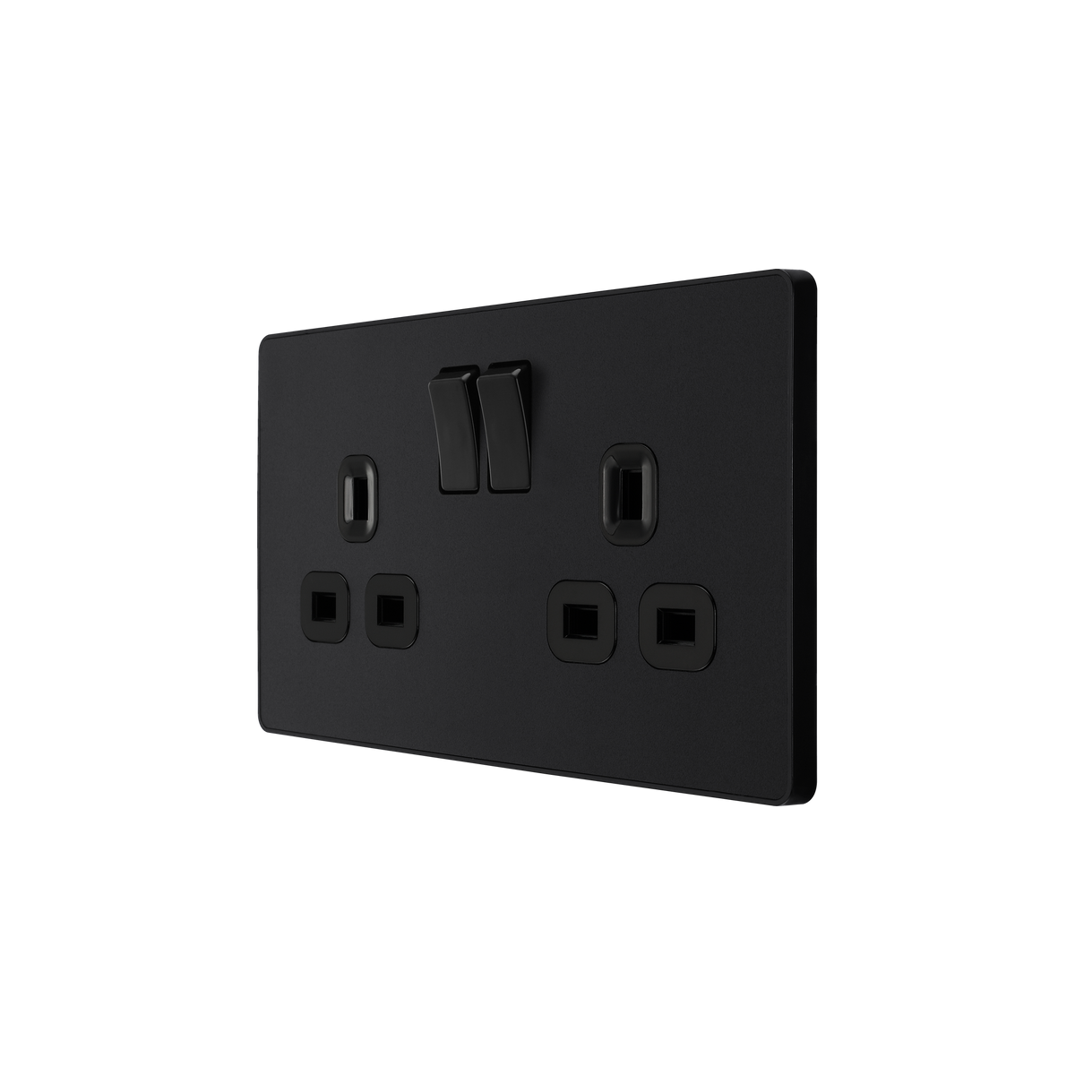 Matt Black Screwless Double Switched Socket 13A – Black Inserts – BG PCDMB22B-01 angled view