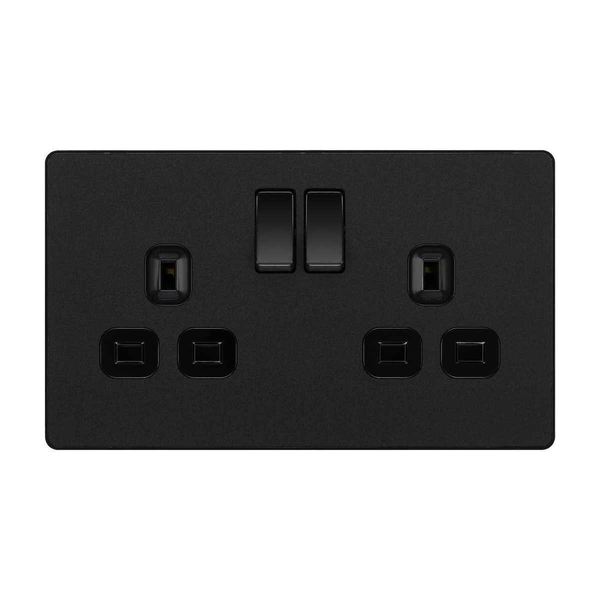 Matt Black Screwless Double Switched Socket 13A – Black Inserts – BG PCDMB22B-01 front view