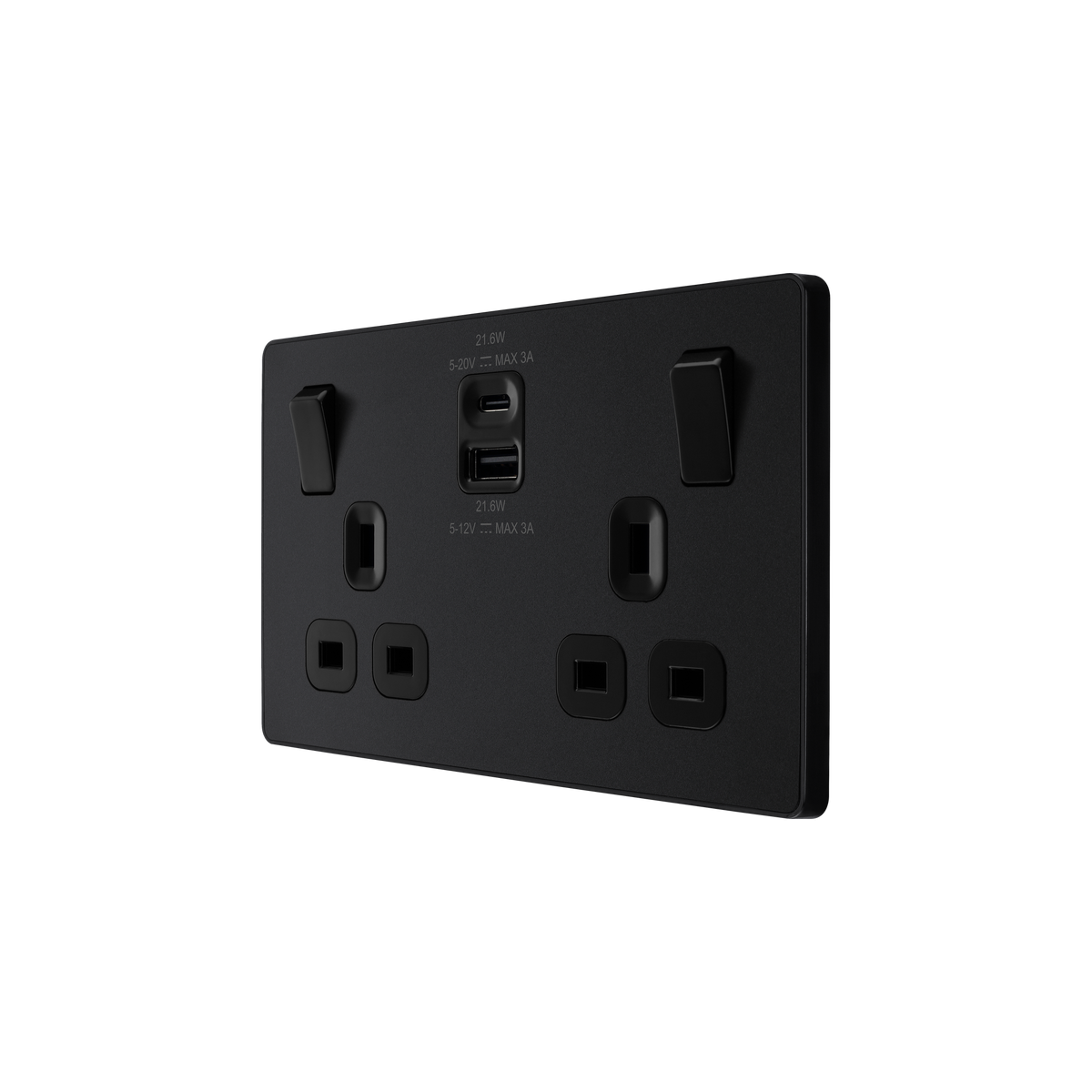 Matt Black Screwless Double Switched Socket 13A with USB-A & USB-C 22W – Black Inserts – BG PCDMB22UAC22B-01 angled view