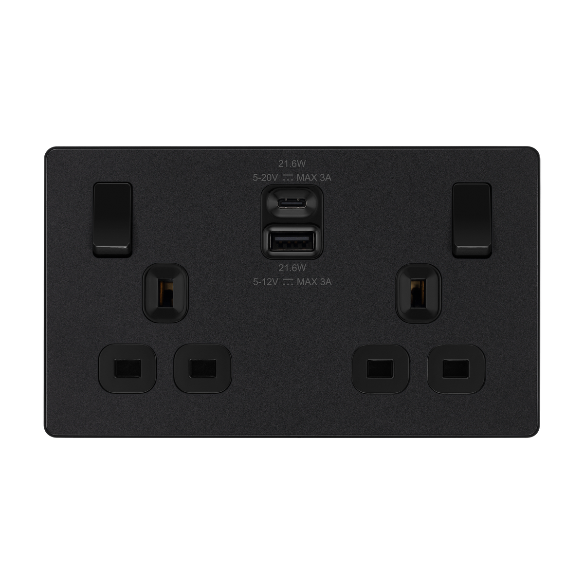 Matt Black Screwless Double Switched Socket 13A with USB-A & USB-C 22W – Black Inserts – BG PCDMB22UAC22B-01 front view