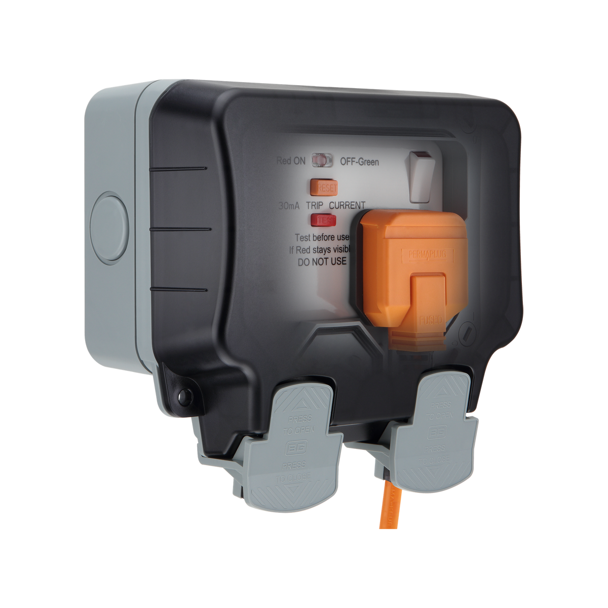 Outdoor Double Switched Socket 13A IP66 with Type A RCD – Grey – BG WP22ARCD-02 angled view