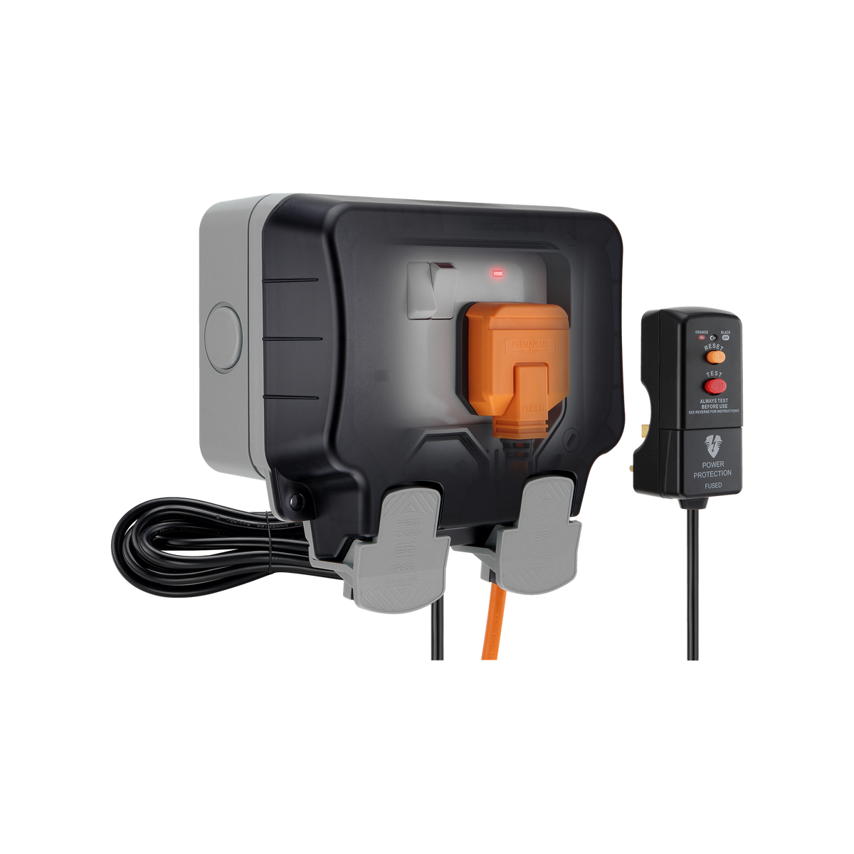 Outdoor Double Switched Socket 13A IP66 with 3m Flex & RCD Plug – Grey – BG WP22KIT/3-02 angled view