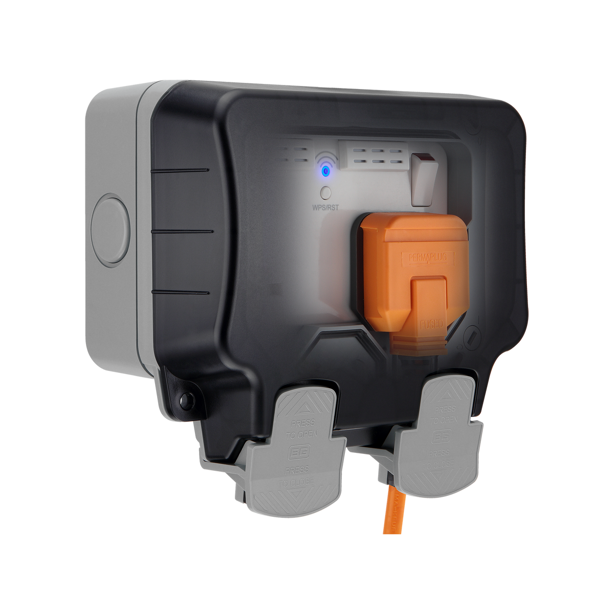 Outdoor Double Switched Socket 13A IP66 with WiFi Extender – Grey – BG WP22WR-02 angled view
