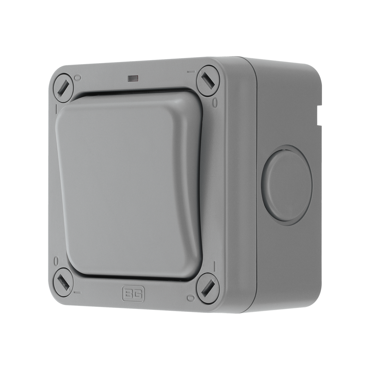 Outdoor 20A Double Pole Light Switch 1 Gang 2 Way IP66 – Grey – BG WP30-02 angled view