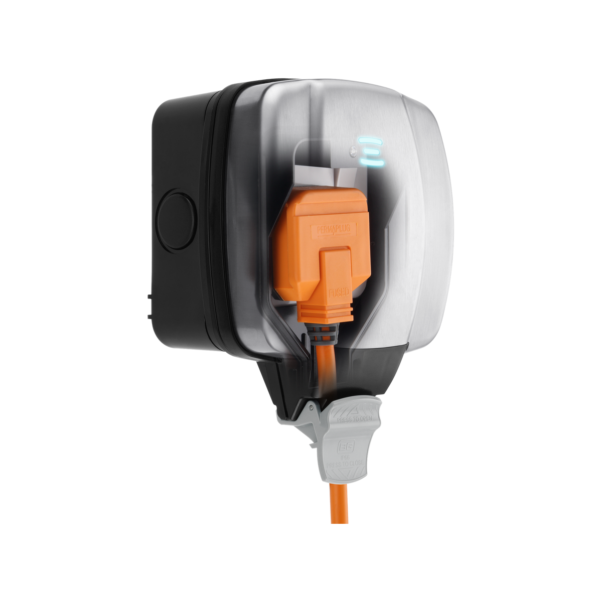 Outdoor Single Switched Socket 13A IP66 – Brushed Steel – BG WPL21-01 angled view