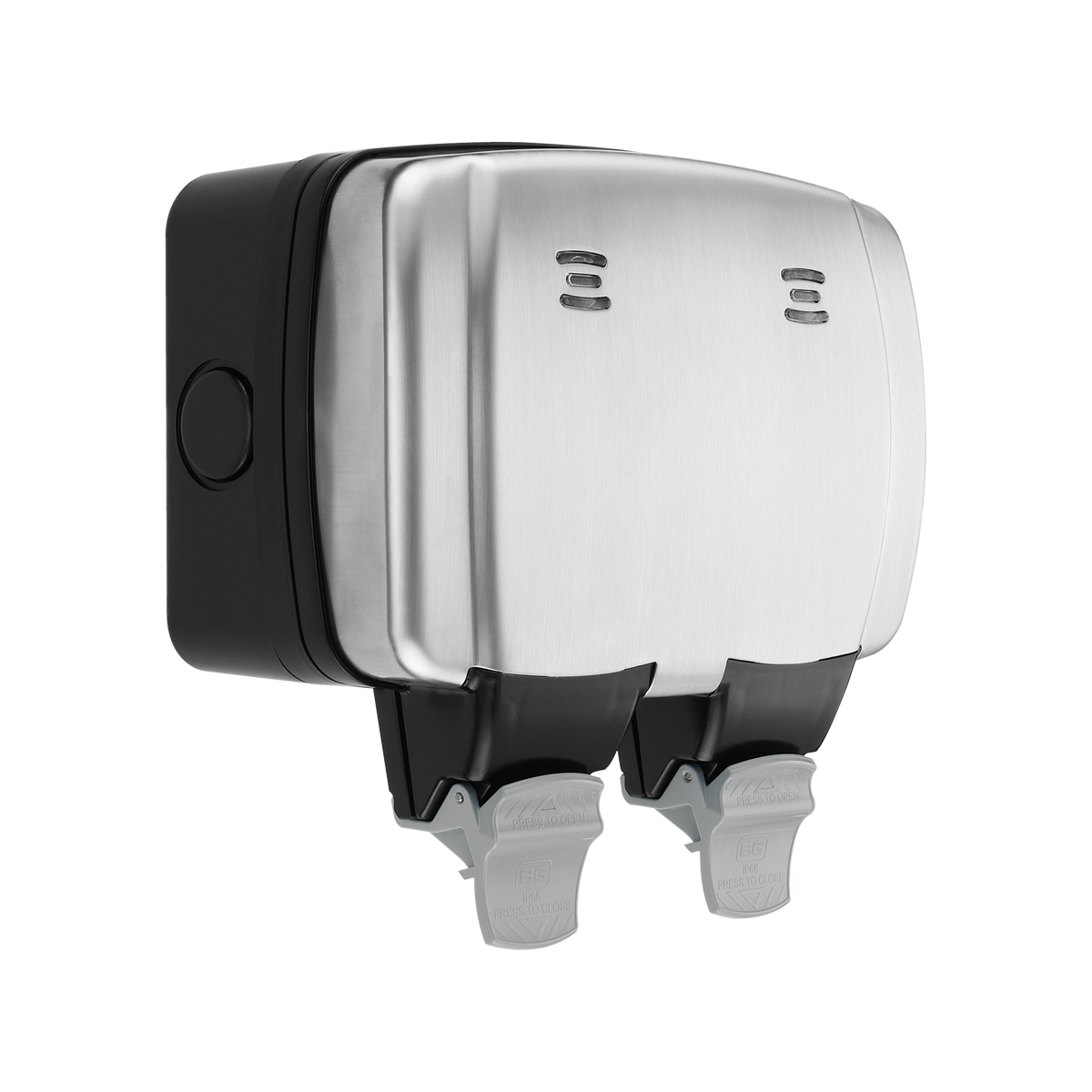Outdoor Double Switched Socket 13A IP66 Double Pole – Brushed Steel – BG WPL22-01 angled view