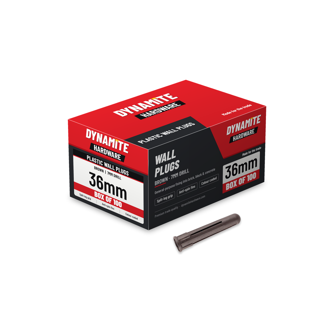 brown plastic wall plugs 36mm, box of 100