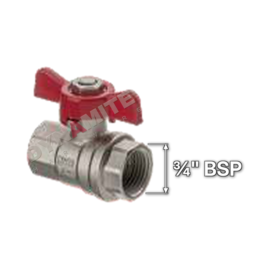 Butterfly Handle Ball Valve - Female BSP, ¾", size marked with a white arrow
