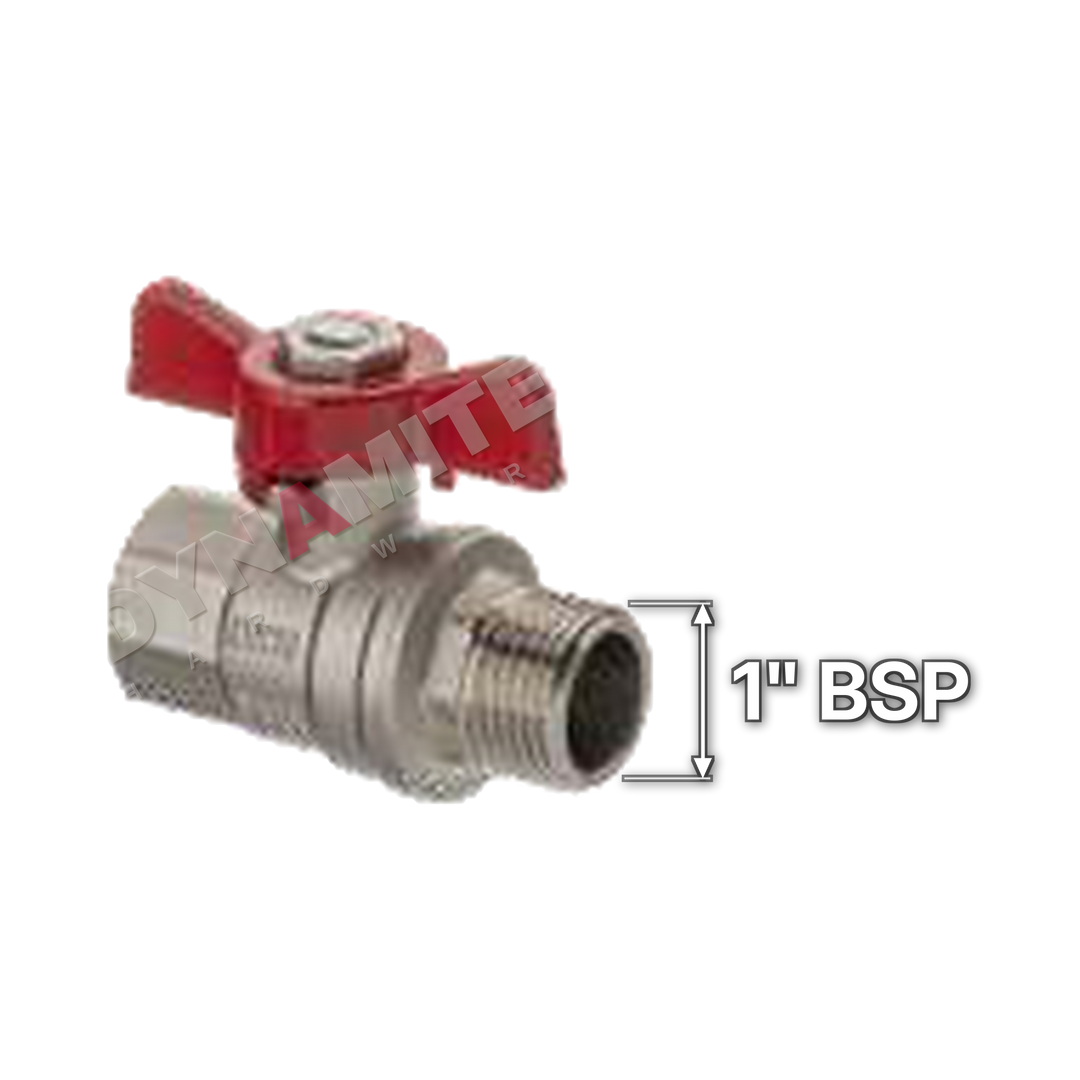 Butterfly Handle Ball Valve - Male x Female BSP, 1", size marked with a white arrow