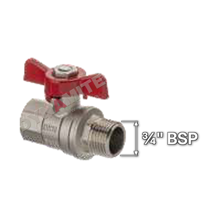 Butterfly Handle Ball Valve - Male x Female BSP, ¾", size marked with a white arrow