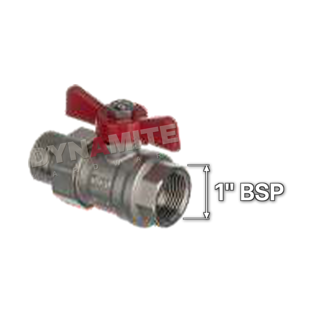 Butterfly Handle Ball Valve - Male x Female BSP Swivel, 1", size marked with a white arrow