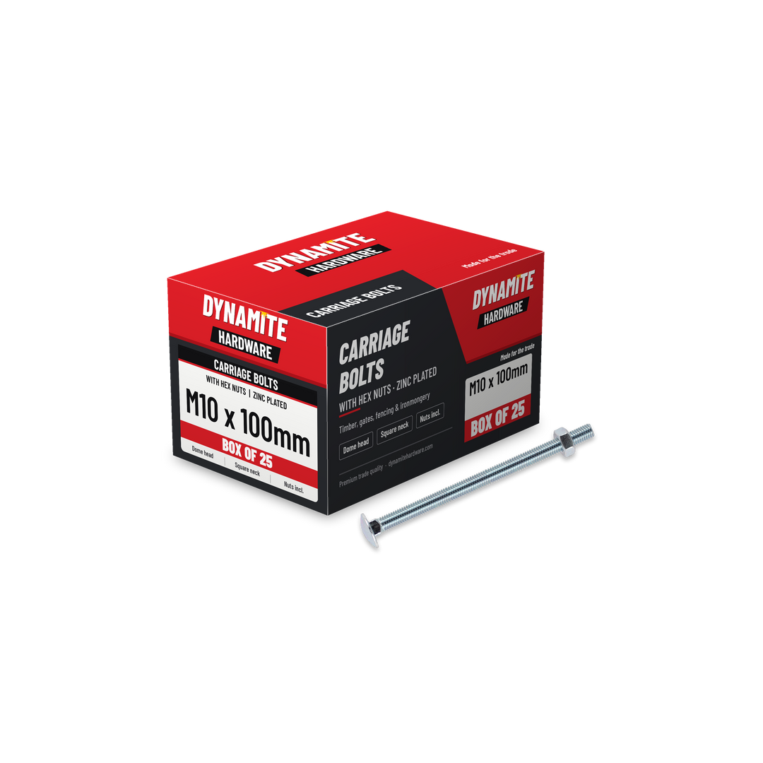 Carriage Bolts & Hex Nuts M10 x 100mm Zinc Plated, box of 25