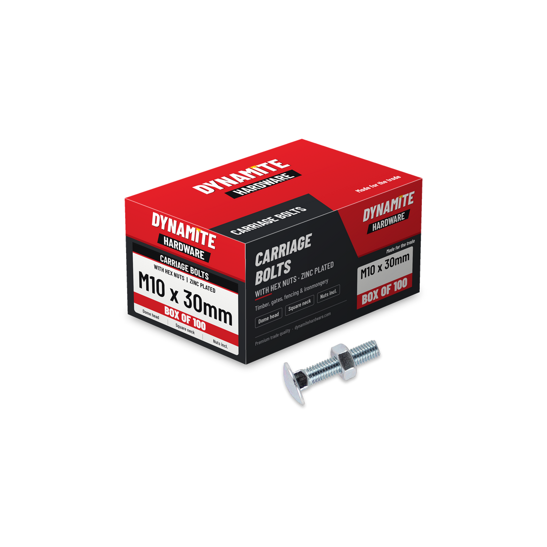 Carriage Bolts & Hex Nuts M10 x 30mm Zinc Plated, box of 100