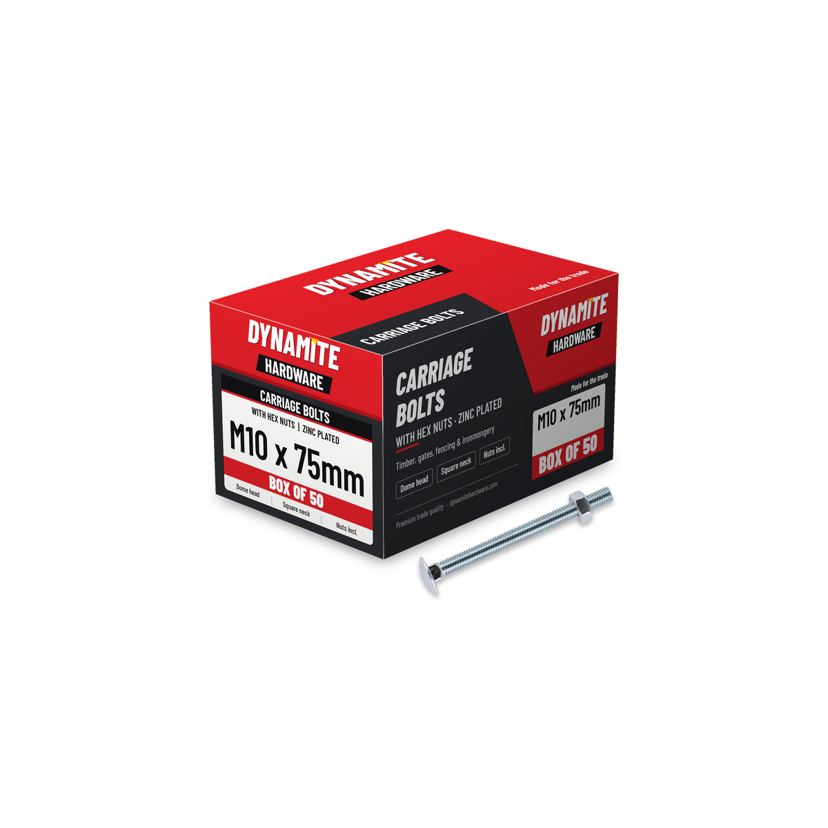 Carriage Bolts & Hex Nuts M10 x 75mm Zinc Plated, box of 50