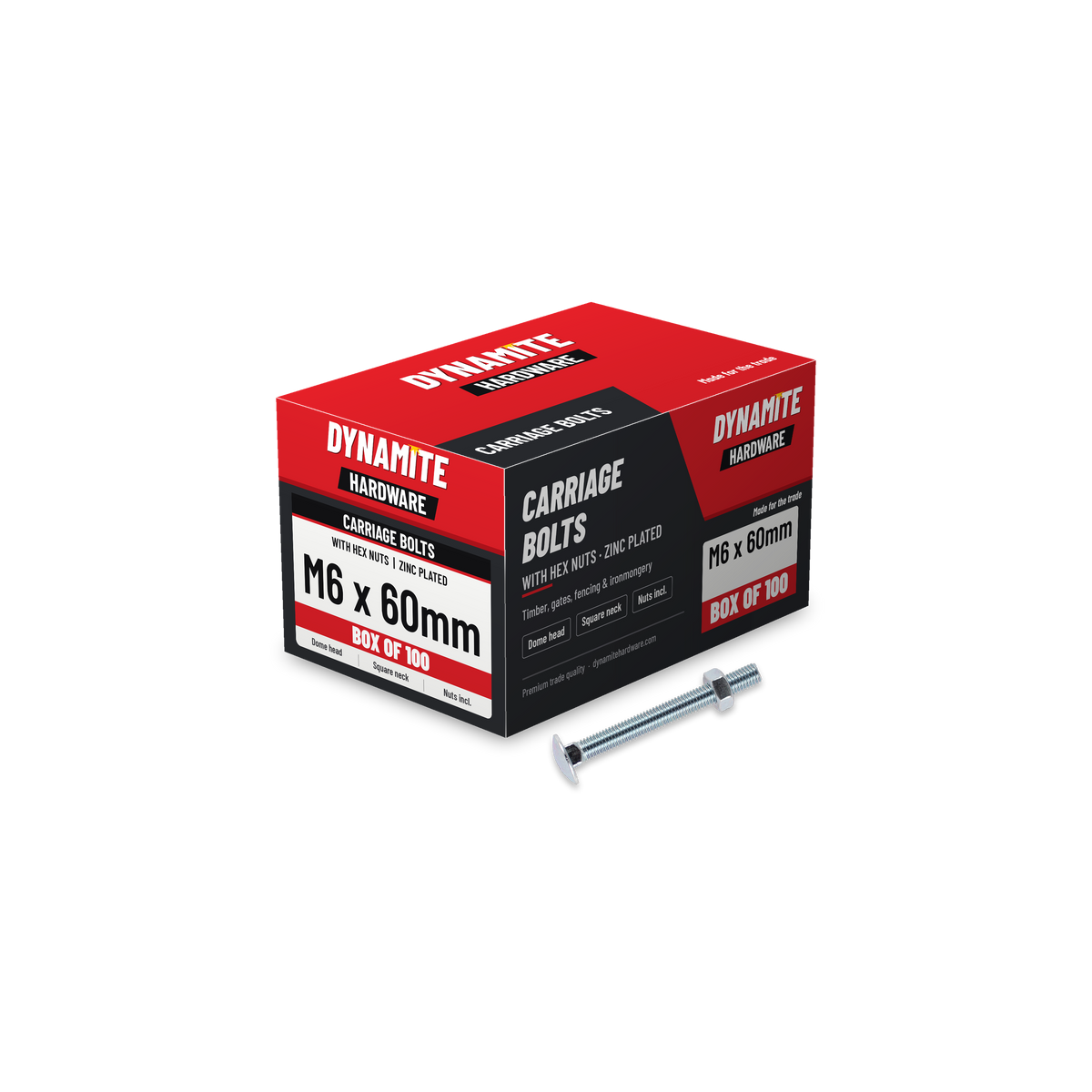 Carriage Bolts & Hex Nuts M6 x 60mm Zinc Plated, box of 100