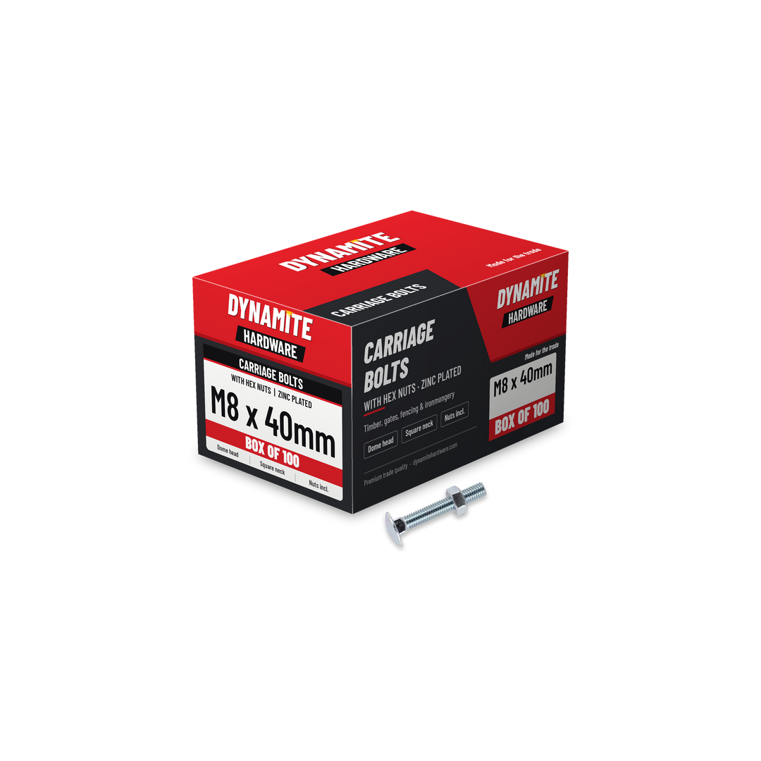 Carriage Bolts & Hex Nuts M8 x 40mm Zinc Plated, box of 100