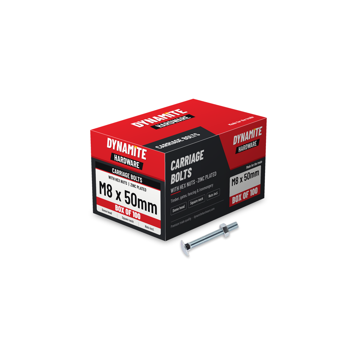 Carriage Bolts & Hex Nuts M8 x 50mm Zinc Plated, box of 100