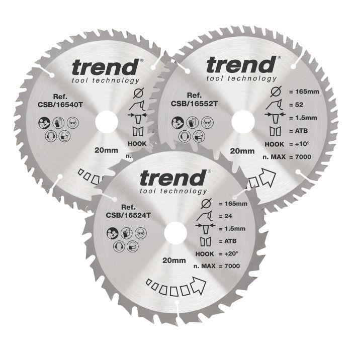 CSB/165/3PK/B - Trend Wood Cordless Circular Saw Blade 165mm x 20mm x 24/40/52T, 3 Pack