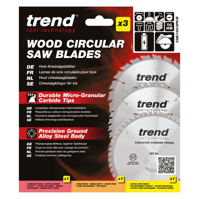 CSB/165/3PK/B - Trend Wood Cordless Circular Saw Blade 165mm x 20mm x 24/40/52T, 3 Pack