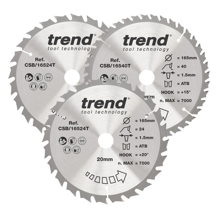 CSB/165/3PK/C - Trend Wood Cordless Circular Saw Blade 165mm x 20mm x 24/40T, 3 Pack