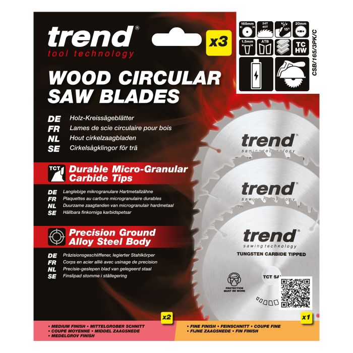 CSB/165/3PK/C - Trend Wood Cordless Circular Saw Blade 165mm x 20mm x 24/40T, 3 Pack