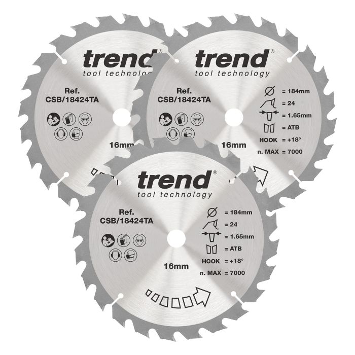 CSB/184/3PK/A - Trend Wood Cordless Circular Saw Blade 184mm x 16mm x 24T, 3 Pack