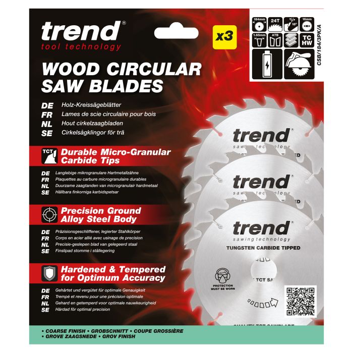 CSB/184/3PK/A - Trend Wood Cordless Circular Saw Blade 184mm x 16mm x 24T, 3 Pack