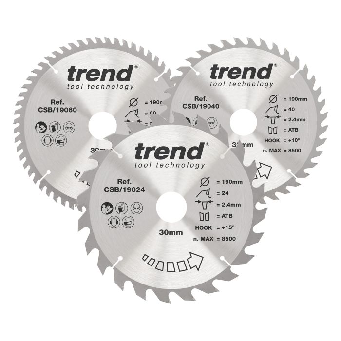 CSB/190/3PK - Trend Wood Circular Saw Blade 190mm x 30mm x 24/40/60T, 3 Pack