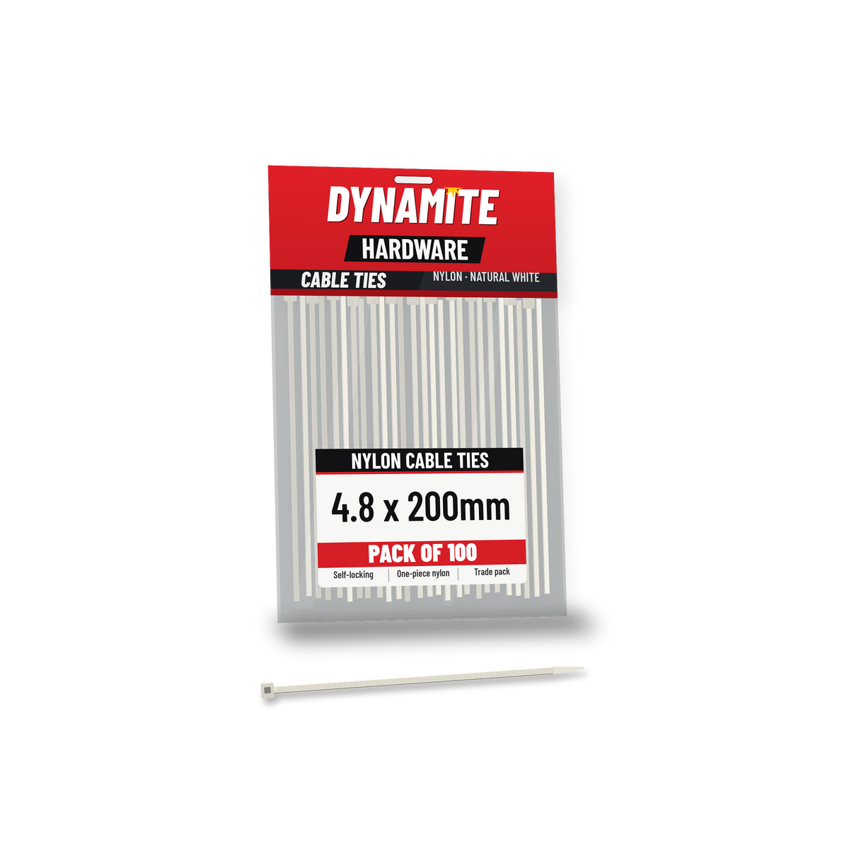 4.8 x 200mm cable ties white (natural) – pack of 100 – Dynamite Hardware