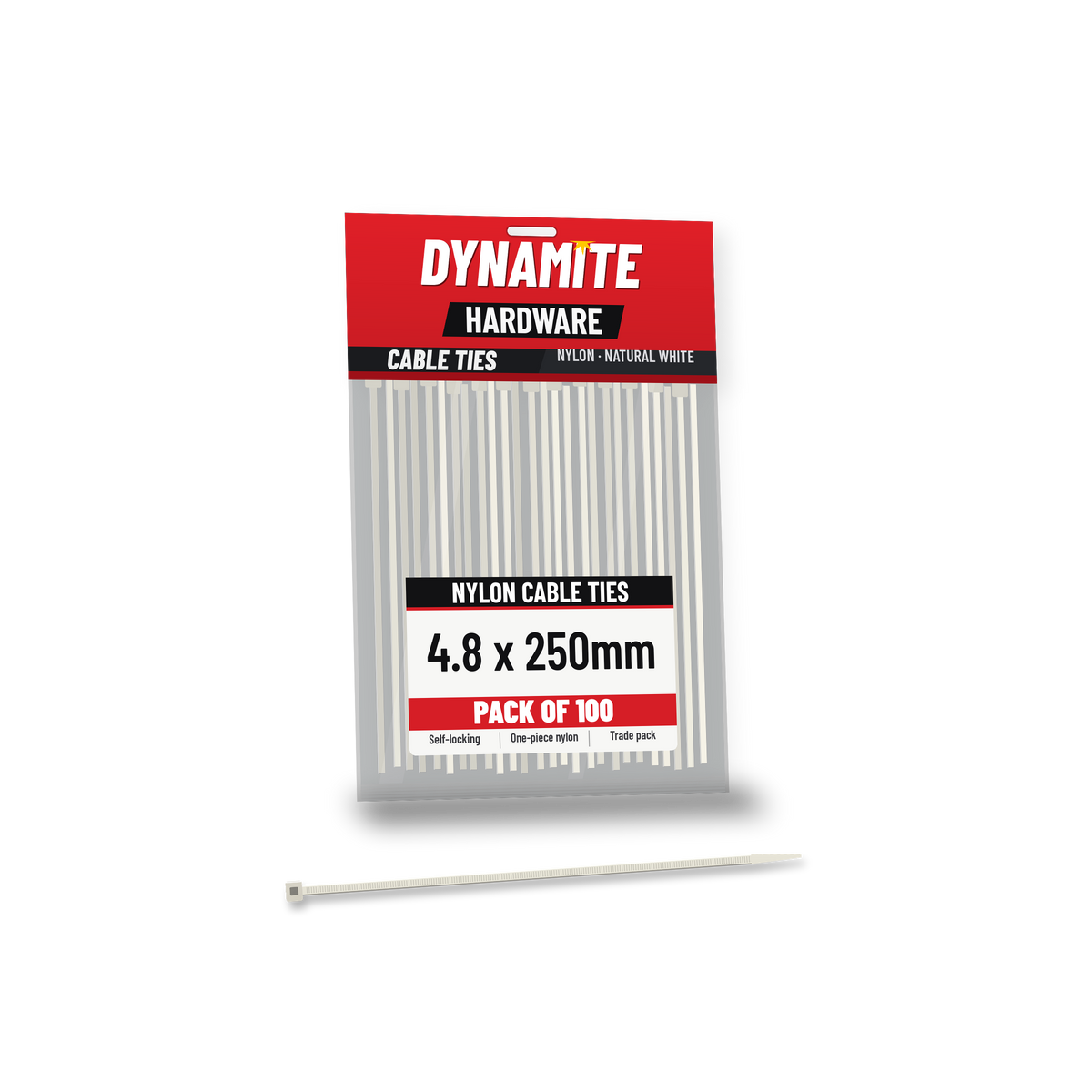 4.8 x 250mm cable ties white (natural) – pack of 100 – Dynamite Hardware
