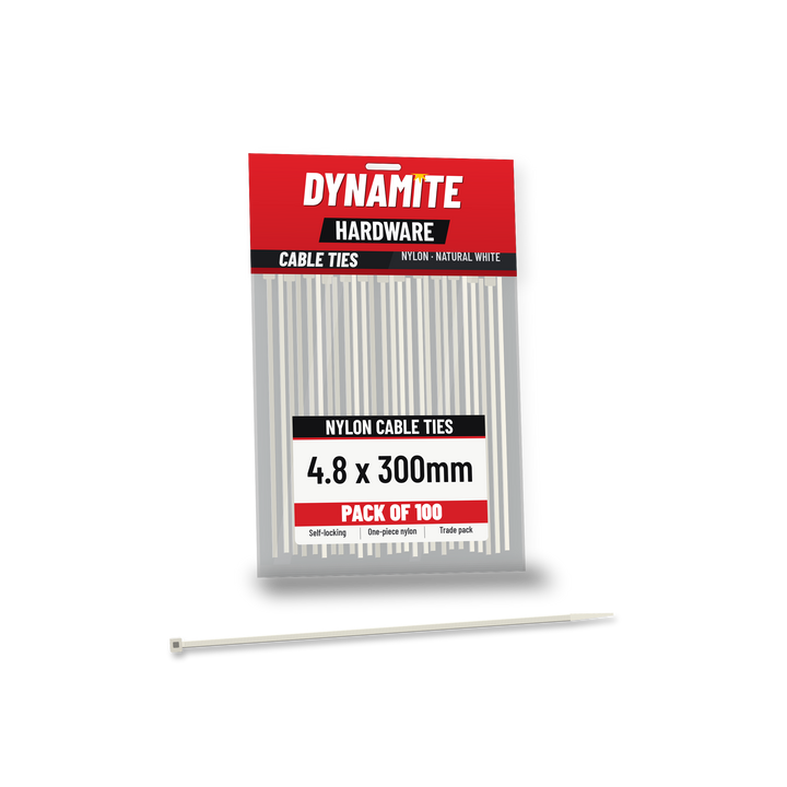 4.8 x 300mm cable ties white (natural) – pack of 100 – Dynamite Hardware