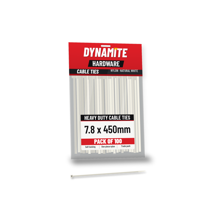7.8 x 450mm cable ties white (natural) – pack of 100 – Dynamite Hardware