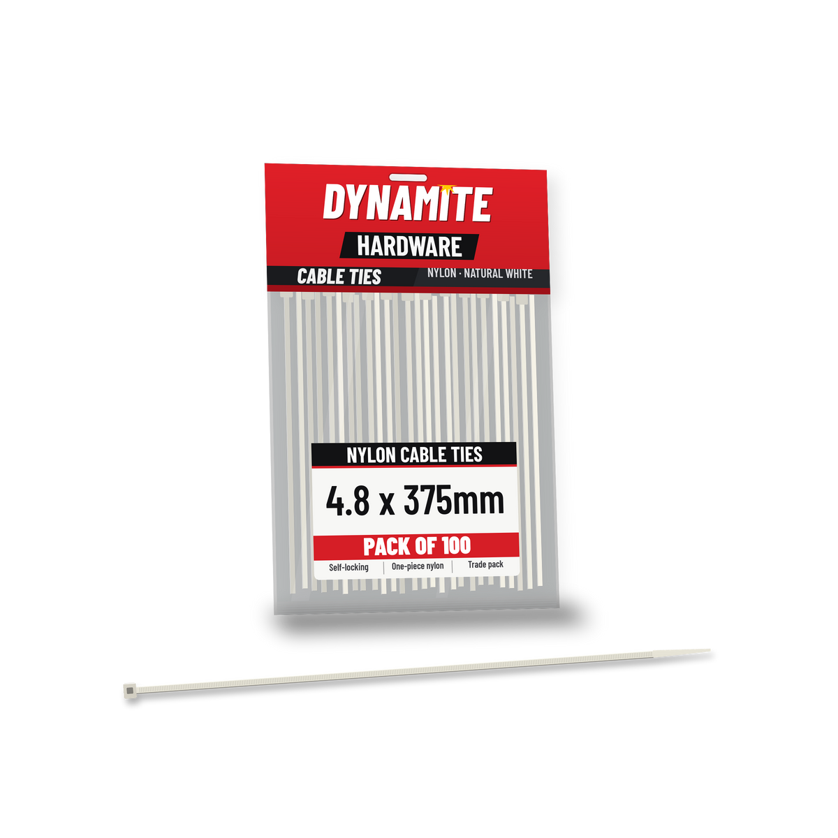 4.8 x 375mm cable ties white (natural) – pack of 100 – Dynamite Hardware
