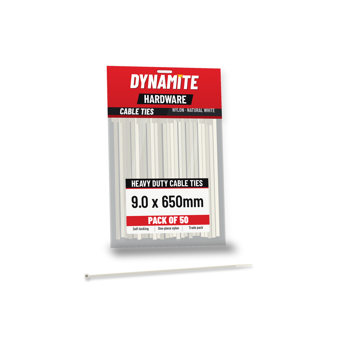 9.0 x 650mm cable ties white (natural) – pack of 50 – Dynamite Hardware