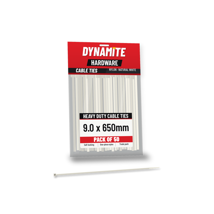 9.0 x 650mm cable ties white (natural) – pack of 50 – Dynamite Hardware