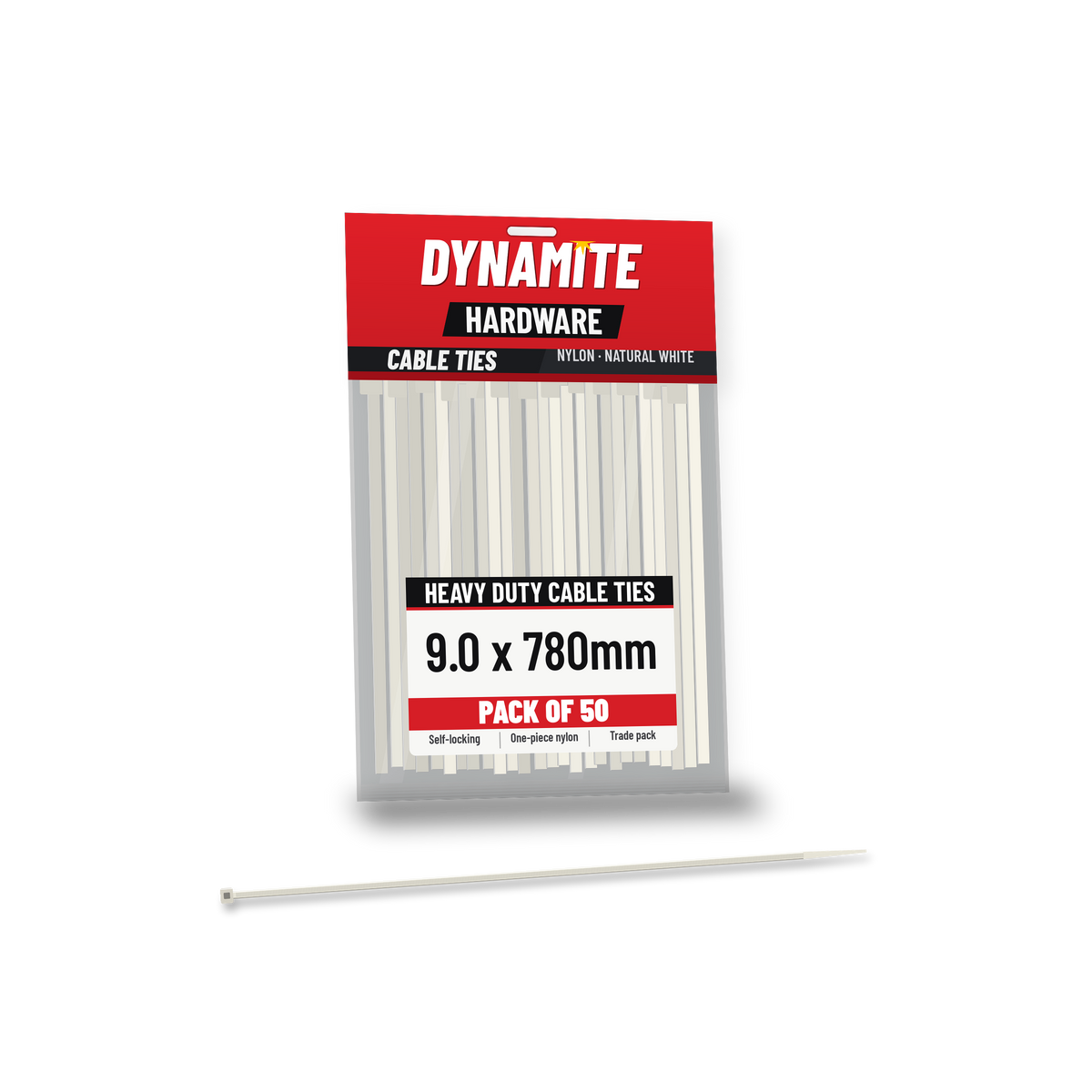 9.0 x 780mm cable ties white (natural) – pack of 50 – Dynamite Hardware