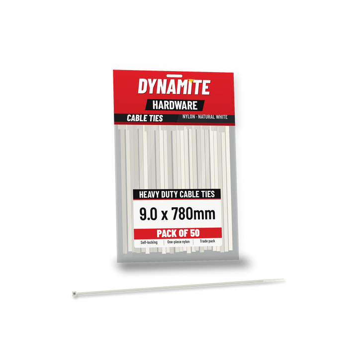 9.0 x 780mm cable ties white (natural) – pack of 50 – Dynamite Hardware