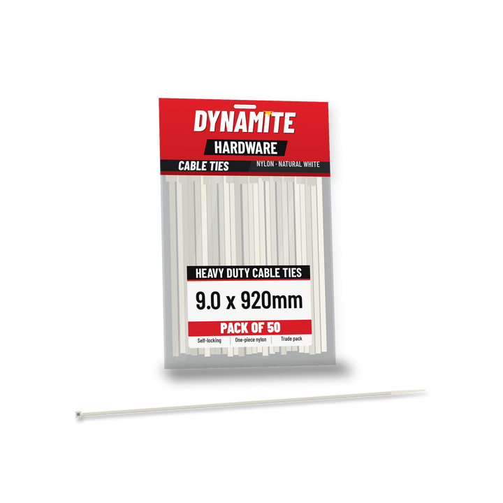 9.0 x 920mm cable ties white (natural) – pack of 50 – Dynamite Hardware