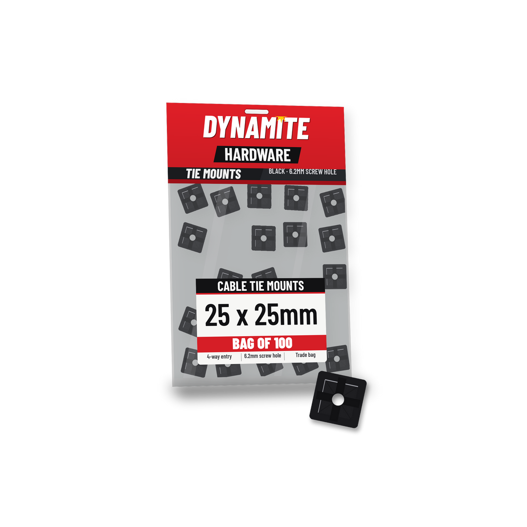 Cable tie mounts 25 x 25mm black – bag of 100 – Dynamite Hardware