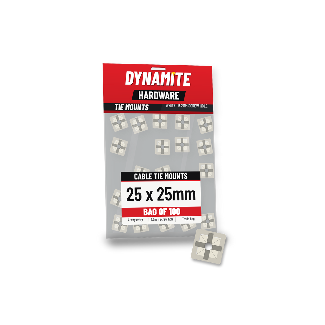 Cable tie mounts 25 x 25mm white (natural) – bag of 100 – Dynamite Hardware