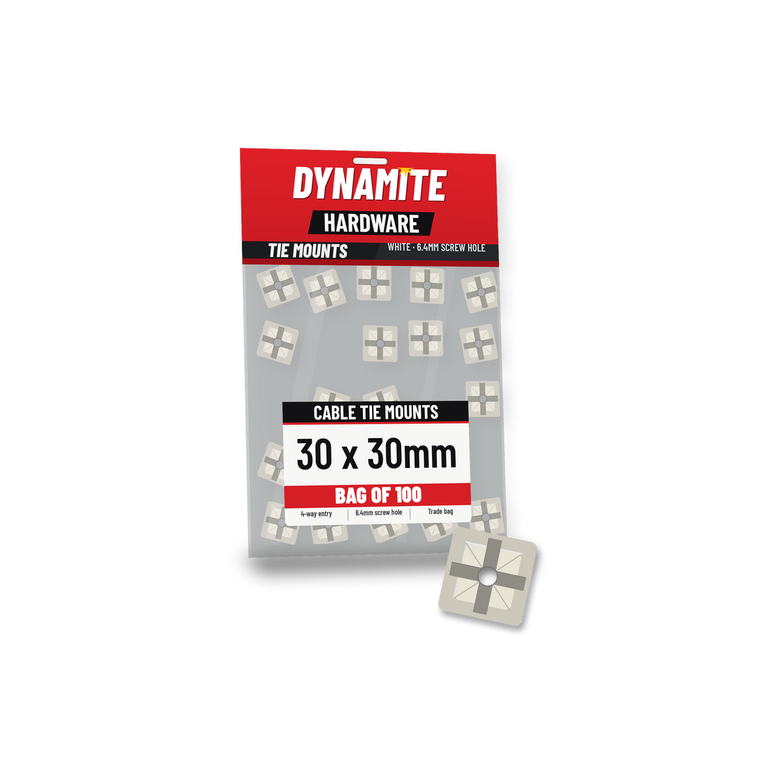 Cable tie mounts 30 x 30mm white (natural) – bag of 100 – Dynamite Hardware