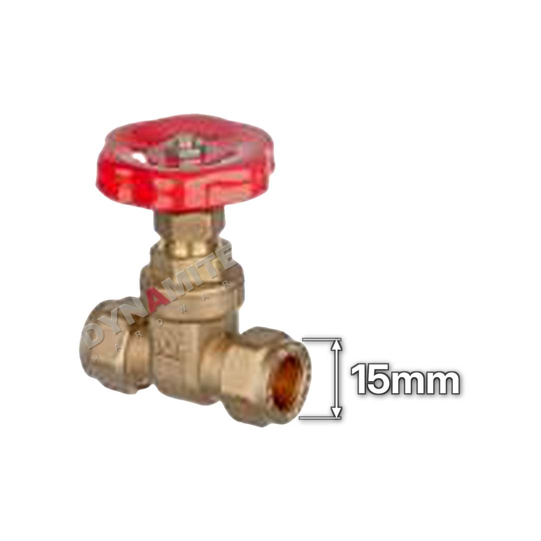 Gate Valve - Compression (Metric), 15mm, size marked with a white arrow